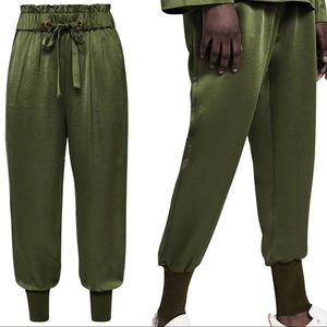 Ted Baker Nayarmi Paperbag Drawstring High Rise Satin Jogger Trouser Pants Olive